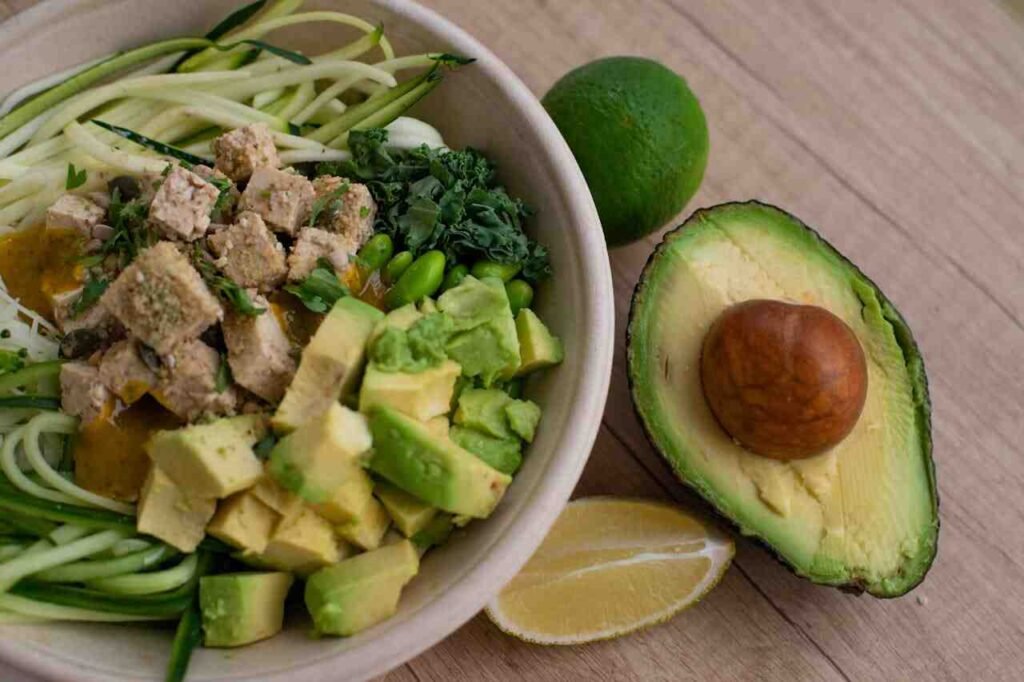 Well-balanced vegetarian salad with avocado, lots of vegetables and tofu for protein.