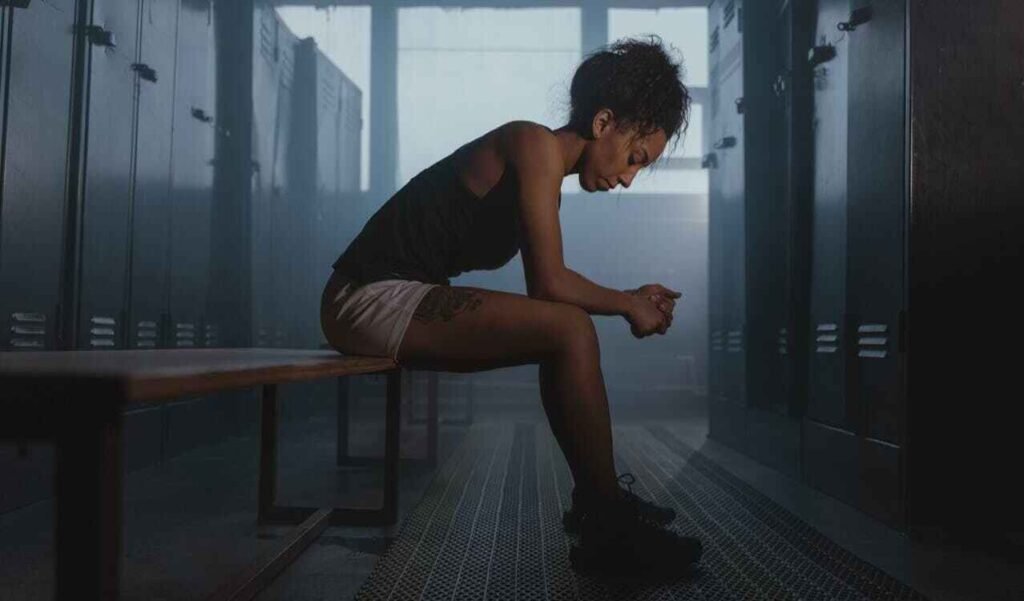 A woman sitting in a gym locker room looking sad and defeated because of injuries. 