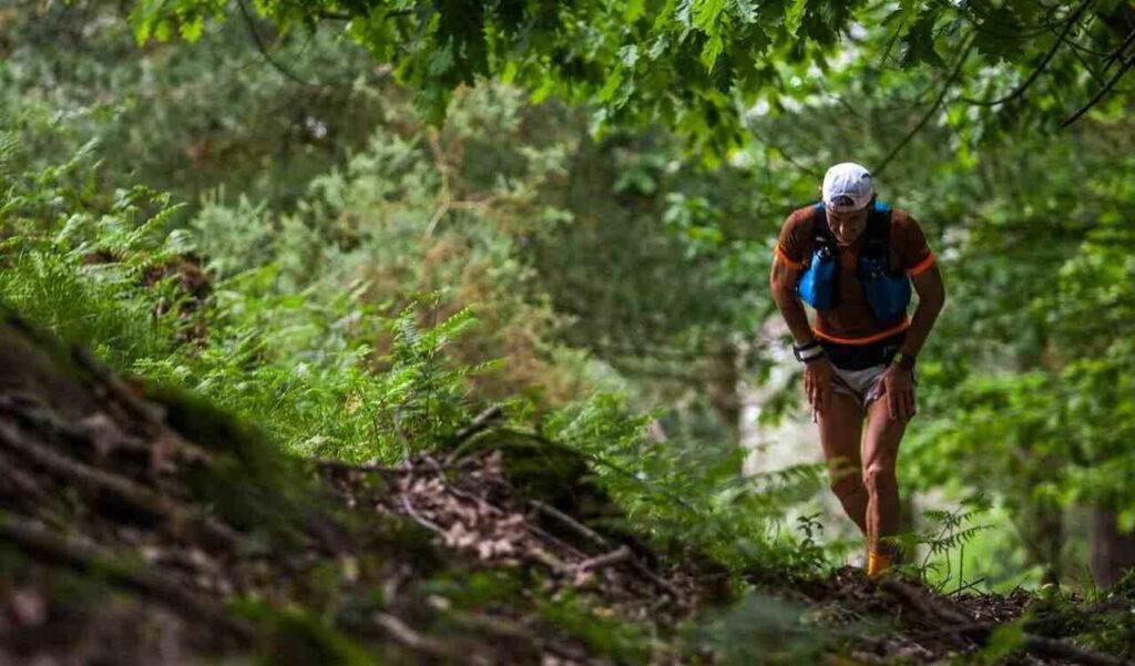 A person going uphill on a trail run, showing their continuous pursuit.