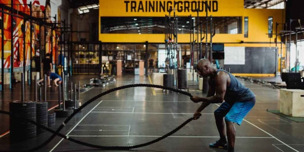 Guy in a gym using battle ropes for an effective overall fitness workout.