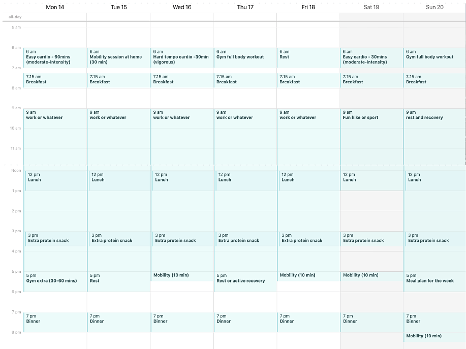 A calendar showing what a weekly plan might look like, showing how to plan your fitness training into your life.