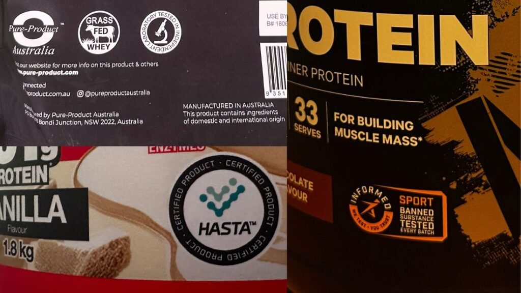 Three different protein powder brands with testing logos, including Informed Sport, HASTA, and independent laboratory testing.