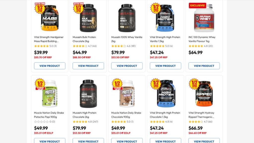 Screenshot of the Chemist Warehouse website showing different protein powder options and prices in Australia.