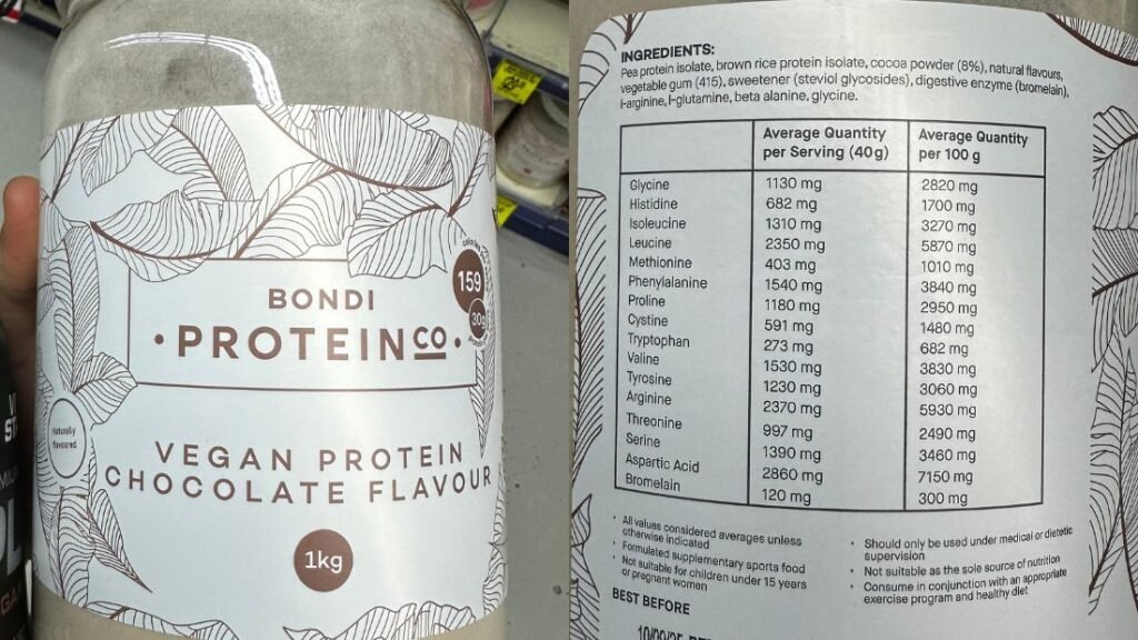 Bondi Protein Co. protein powder container showing the ingredient list and nutrition panel with serving size and protein content.