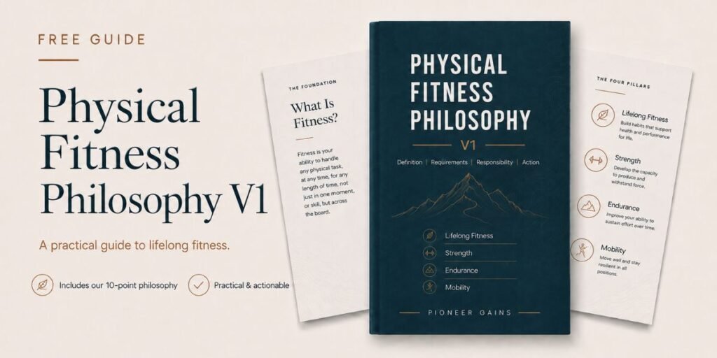 Physical Fitness Philosophy V1 free fitness guide mockup showing pages on lifelong fitness, strength and endurance.