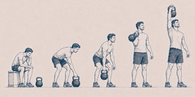 Illustration showing the progression from thought to action through a kettlebell movement sequence using a Pioneer Gains kettlebell.